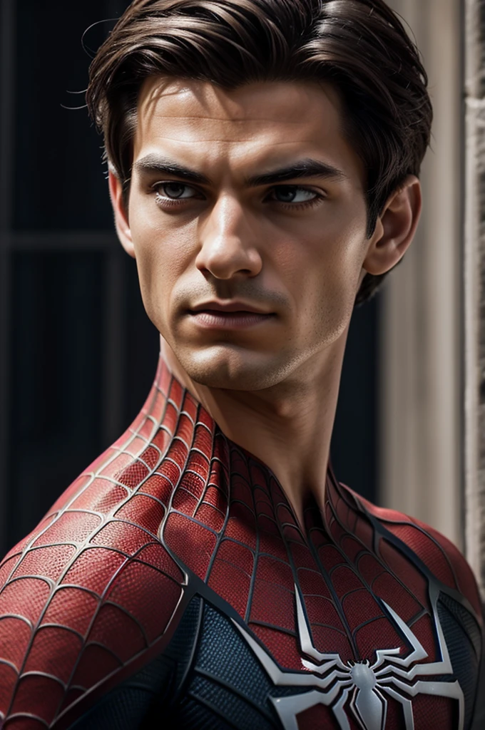 A photograph of Spider-Man., sin mascara, the 20s, elegant, detailed face, looking to the camera, portrait, 8k hd, high quality