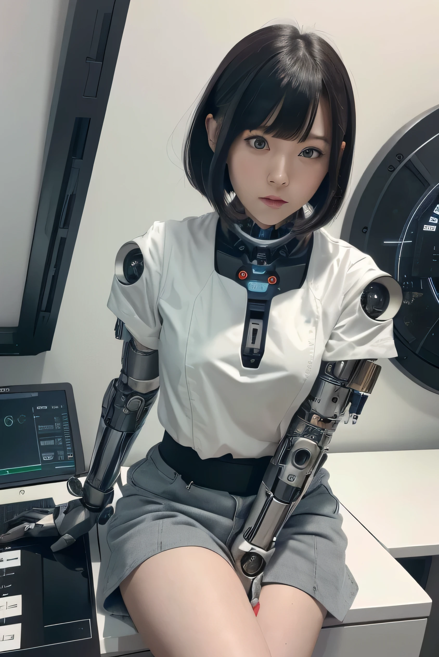 masterpiece, best quality, extremely detailed, Japaese android girl,Plump , hug,control panels,android,Droid,Mechanical Hand, Robot arms and legs, Black hair,Blunt bangs,perfect robot girl,long tube,thick cable connected her neck,android,robot,humanoid,cyborg,japanese cyborg girl ,robot-assembly plant,She is assembled now,assembly scene,chest monitor,(closing eyes:1.5)