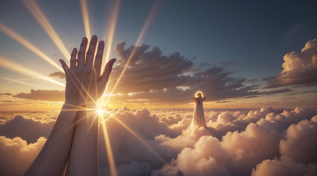 "Radiant praying hands reaching towards golden sky, divine light beams, heavenly clouds, spiritual, photorealistic, 4k"