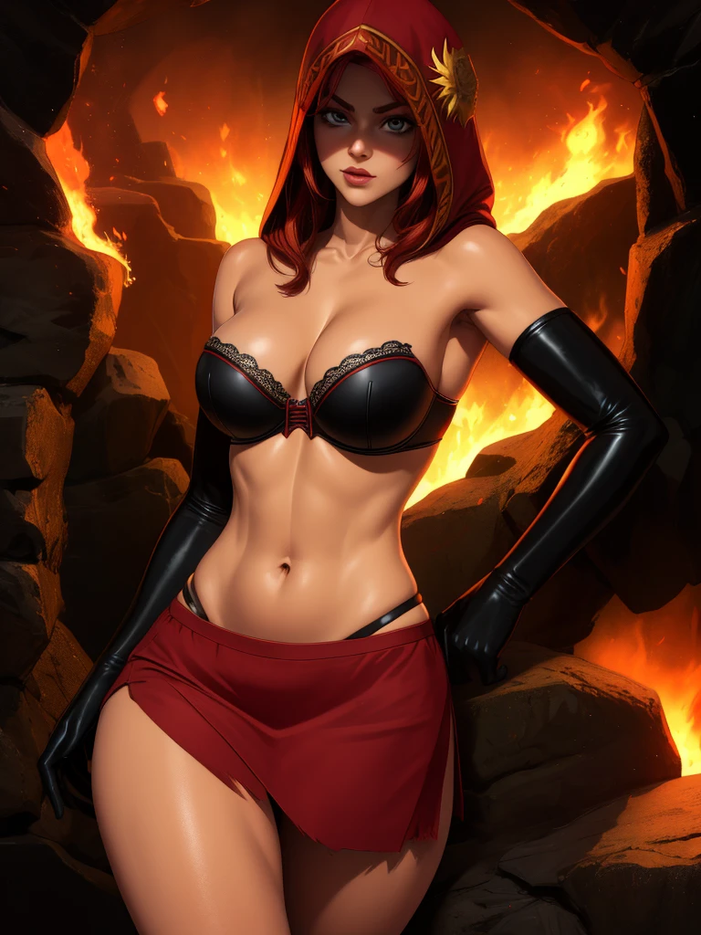 Dsorceress, redhair, shadowy face,dark cave, fire, hood, shadowed face, strapless bra, slim and athletic body, miniskirt, no panty, elbow gloves, dark skin, 1 girl (insanely detailed, masterpiece, best quality)
