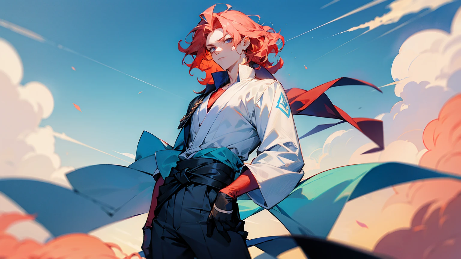 1male, young, coral hair, wavy hair, vergil hair, white long sleeve shirt, sky blue baggy pants, uwa-obi around waist, black gloves, 