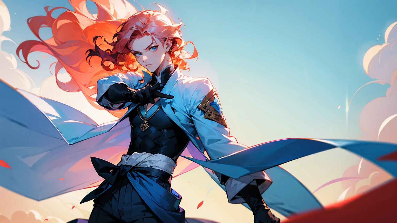 1male, young, coral hair, wavy hair, vergil hair, white long sleeve shirt, sky blue baggy pants, uwa-obi around waist, black gloves,