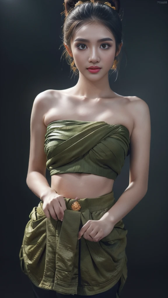 Masterpiece, Highest quality, HDR, high contrast, ((beautiful girl, Thai female soldier)), Bun hair, Highly detailed lips, Detailed eyes, Double eyelids, Makeup.
((Thai Fluke Set, Strapless shirt)),
Long legs_full body. sit down. Under the floor. ((dark background))