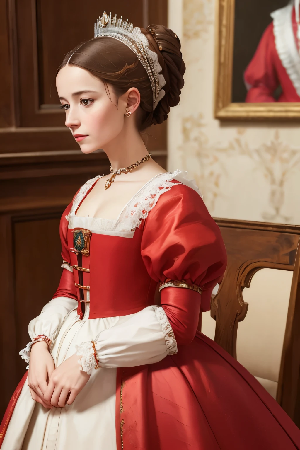  painting of a woman in a red dress with a white collar, portrait of a queen, 1 7 th century duchess, as an elegant noblewoman, inspired by Sofonisba Anguissola, 1500s oil portrait, wearing elegant tudor clothes, by Sofonisba Anguissola, painted in 1530, inspired by Eleanor Vere Boyle
