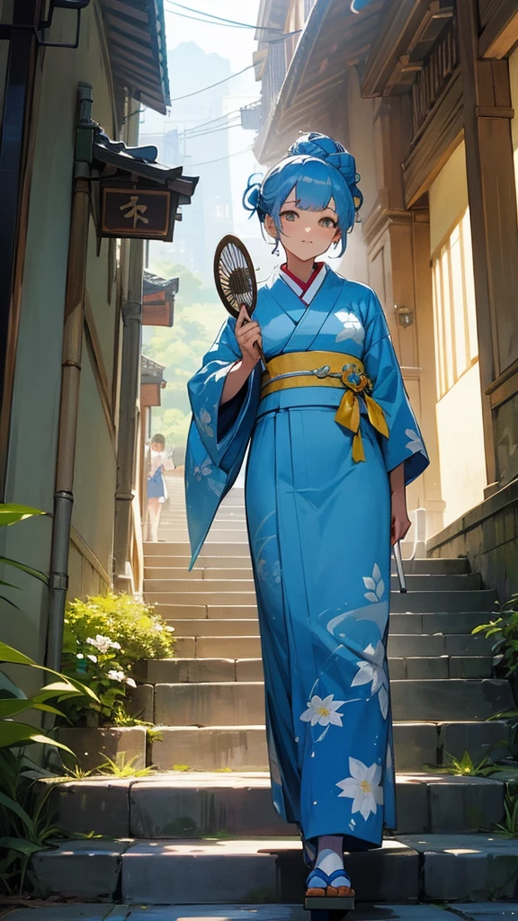 Create an image of a person wearing a traditional blue kimono with white floral patterns and a yellow obi, walking up an outdoor stone stairway. The person is holding a white circular fan in their right hand, and their hair is styled in an elegant updo. The setting is a quaint street with greenery on the sides and a mural on the left wall depicting ocean waves and Mount Fuji.