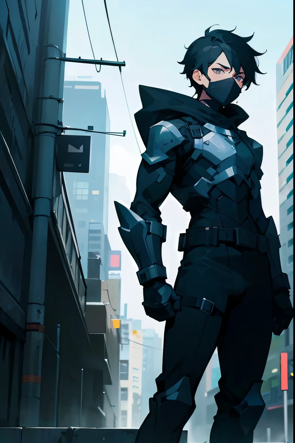 1male , Black Hair , Black Eyes , Black Bodysuit , Armored Clothing , Super hero , Face Mask , Perfect Generation , Standing on Sidewalk , Modern City Background , Young Male , Black Hood 