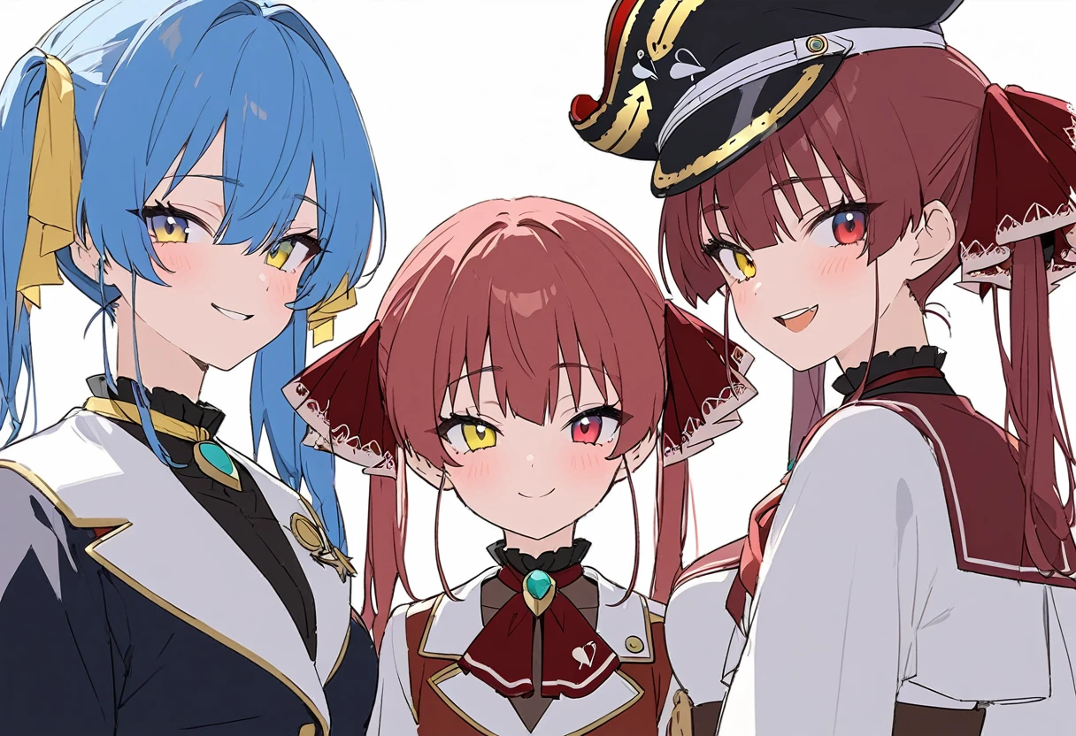 delicate、masterpiece、Highest quality、2 peopleの女の子、2 peopleだけ、2 people、virtual、cute、(((Houshou Marine,cute、Redhead、Twin tails,distinct eyes,The left eye is yellow and the right eye is red.,Haveは無し)))、(((Star Town Suisei、cute、Light blue hair、Have)))White Background、Flat Color、sketch