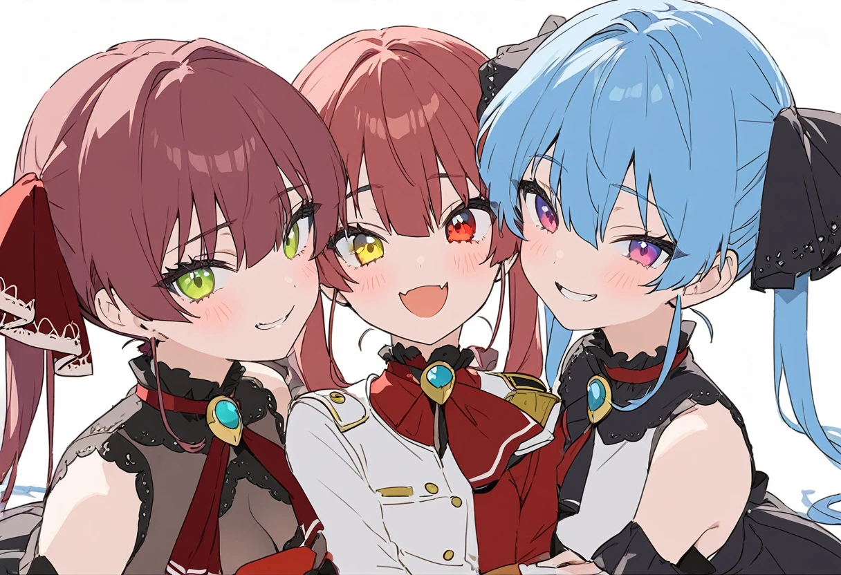 delicate、masterpiece、Highest quality、2 peopleの女の子、2 peopleだけ、2 people、virtual、cute、(((Houshou Marine，cute、Redhead、Twin tails，distinct eyes，The left eye is yellow and the right eye is red.，Haveは無し)))、(((Star Town Suisei、cute、Light blue hair、Have)))White Background、Flat Color、sketch