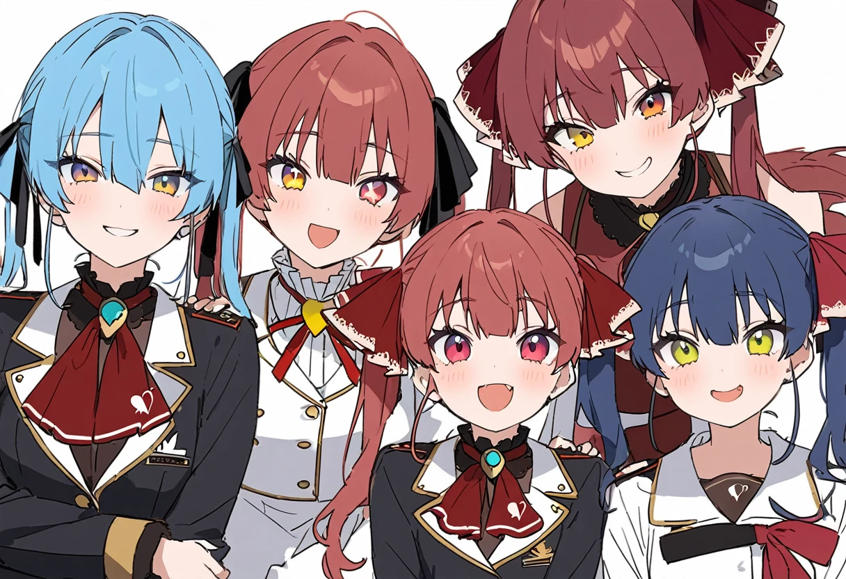 delicate、masterpiece、Highest quality、2 peopleの女の子、2 peopleだけ、2 people、virtual、cute、(((Houshou Marine,cute、Redhead、Twin tails,distinct eyes,The left eye is yellow and the right eye is red.,Haveは無し)))、(((Star Town Suisei、cute、Light blue hair、Have)))White Background、Flat Color、sketch