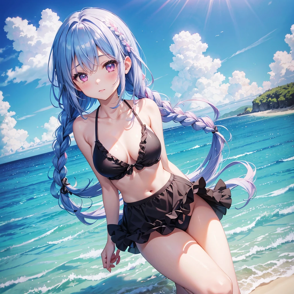 (Sky Blue Medium Hair),(Braided Hair)、Pink Eyes、Fair skin、(whole body)、(One Girl)、Black ruffled swimsuit、Shining white sand beach in midsummer、Okinawa&#39;s ocean、Big smile、、(masterpiece、Highest quality、Very detailed、Best Shadow)、(Detailed Background)、(Beautifully detailed face)、High Contrast、(Best lighting、Very delicate and beautiful)、((Cinematic Light))、colorful、Hyper Detail、Dramatic Light、Exquisite detail、