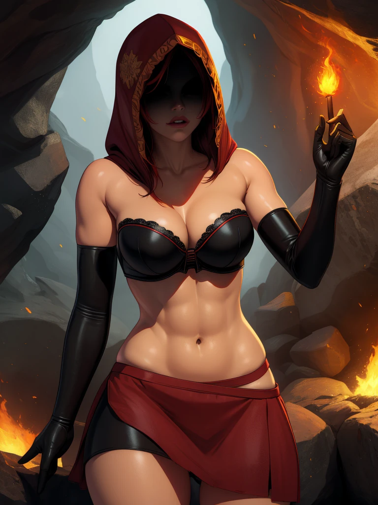 Dsorceress, redhair, shadowy face,dark cave, fire, hood, shadowed face, strapless bra, slim and athletic body, miniskirt, no panty, elbow gloves, dark skin, 1 girl (insanely detailed, masterpiece, best quality)
