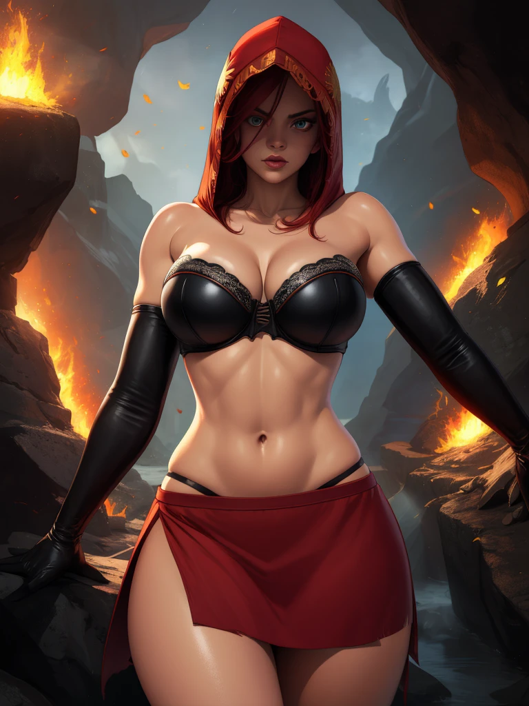 Dsorceress, redhair, shadowy face,dark cave, fire, hood, shadowed face, strapless bra, slim and athletic body, miniskirt, no panty, elbow gloves, dark skin, 1 girl (insanely detailed, masterpiece, best quality)
