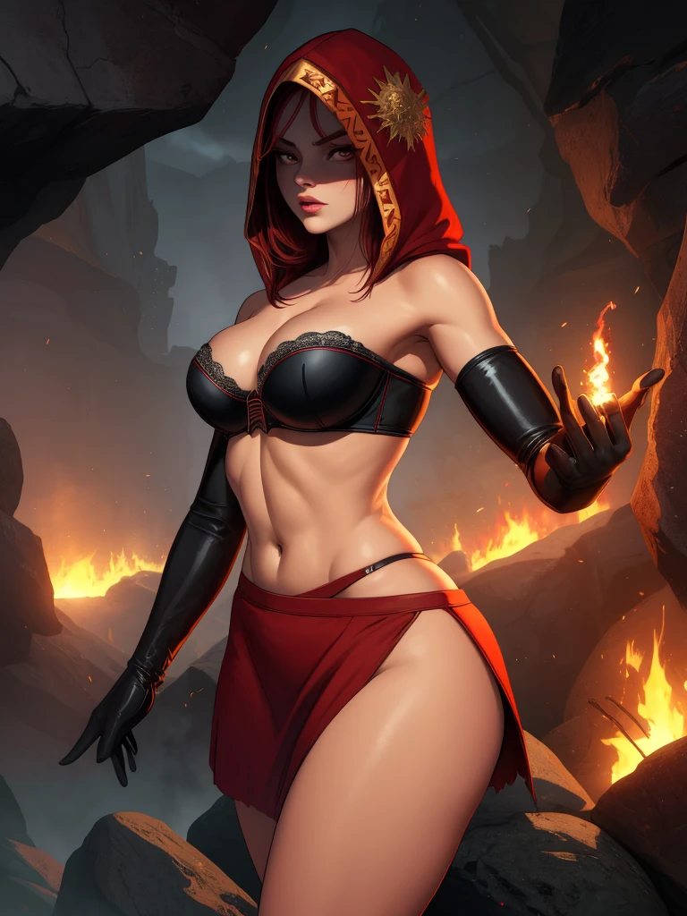 Dsorceress, redhair, shadowy face,dark cave, fire, hood, shadowed face, strapless bra, slim and athletic body, miniskirt, no panty, elbow gloves, dark skin, 1 girl (insanely detailed, masterpiece, best quality)
