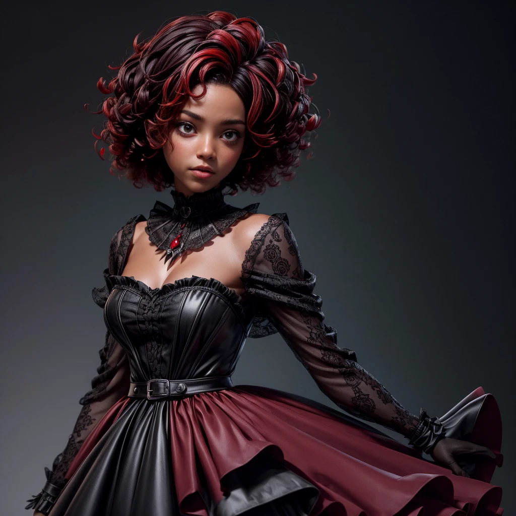 ((best qualityer)), ((work of art)), (detailded), 1 black girl short curly hair with red highlights,modern witch dress inside a black forest