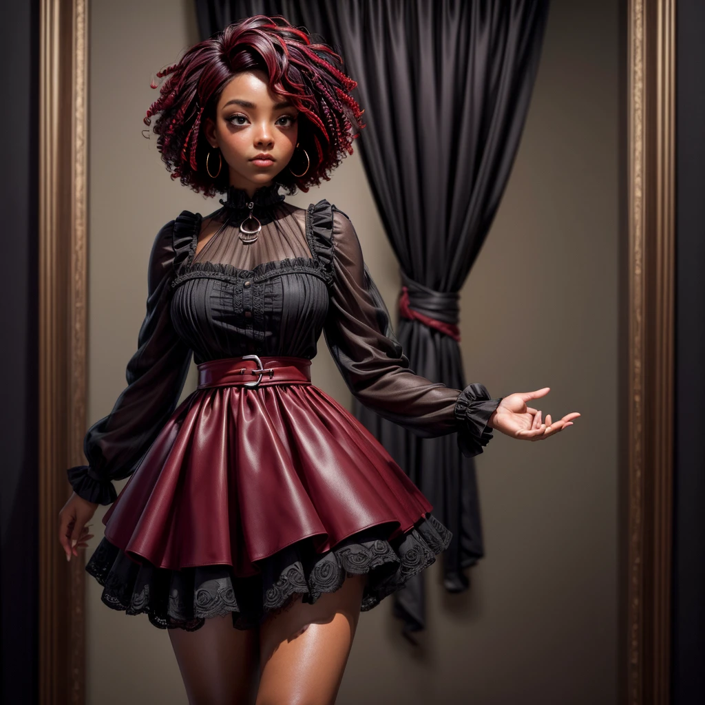 ((best qualityer)), ((work of art)), (detailded), 1 black girl short curly hair with red highlights,modern witch dress inside a black forest