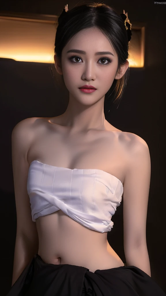 Masterpiece, Highest quality, HDR, high contrast,    ((beautiful girl, Thai female soldier)),   Bun hair,  Highly detailed lips,     Detailed eyes,     Double eyelids,    Makeup.    

((Thai Fluke Set, Strapless shirt)),

((dark background))