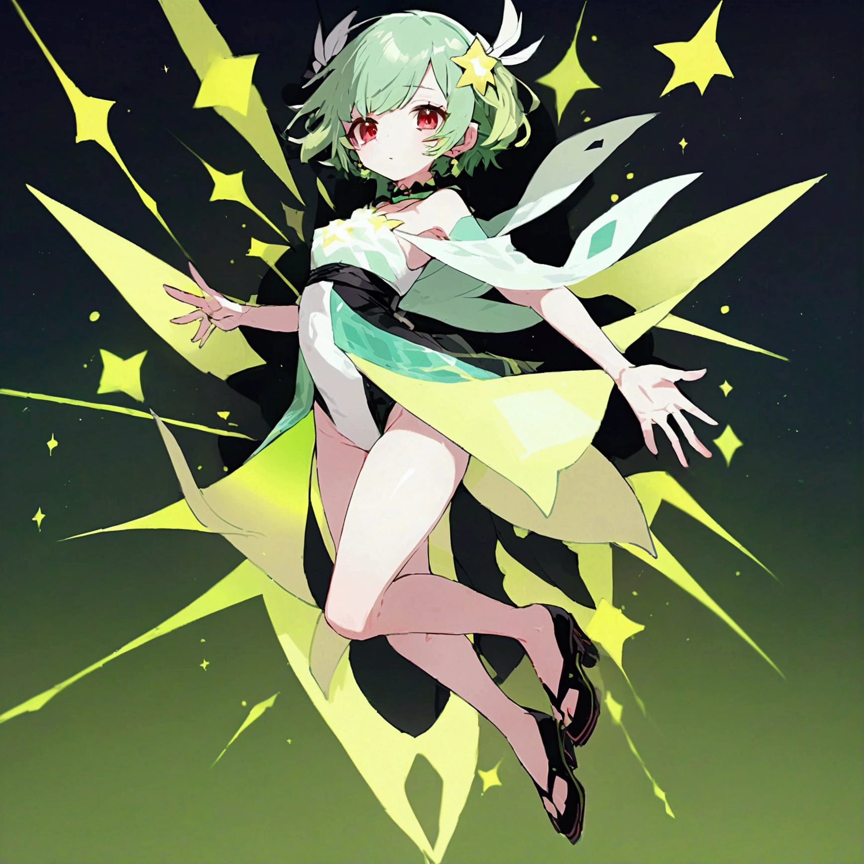 high resolution, shorth hair, Eyes red, aretes, sheen, stele, pretty, hair green, star accessories, sleepy eyes, only one girl, full body, body anatomy, perfect 5 fingers only, Two legs, red eyes, pretty face, sparkles, star.