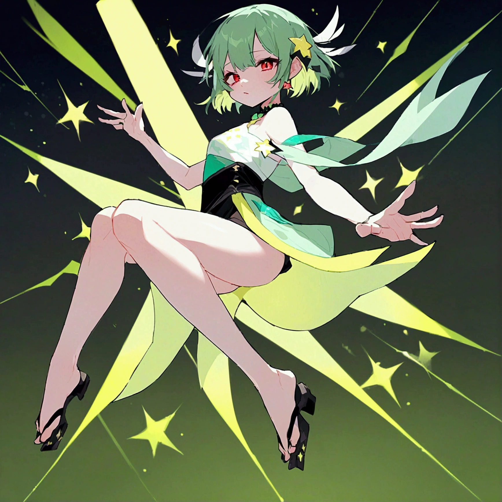 high resolution, shorth hair, Eyes red, aretes, sheen, stele, pretty, hair green, star accessories, sleepy eyes, only one girl, full body, body anatomy, perfect 5 fingers only, Two legs, red eyes, pretty face, sparkles, star.