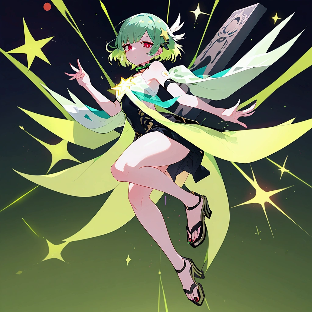 high resolution, shorth hair, Eyes red, aretes, sheen, stele, pretty, hair green, star accessories, sleepy eyes, only one girl, full body, ????????????, perfect 5 fingers only, Two legs, red eyes, pretty face, sparkles, star.