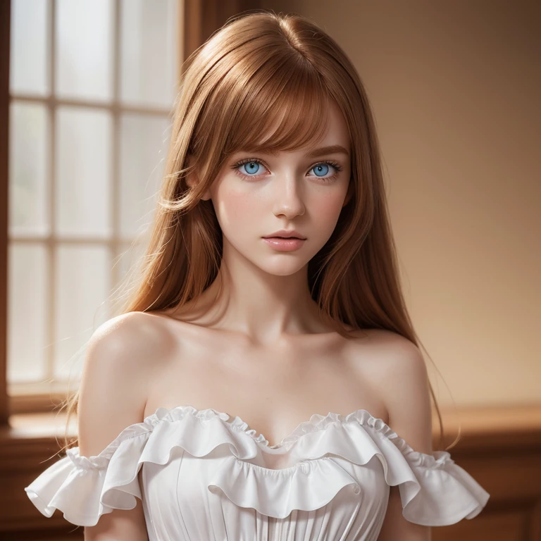 an ultradetailed digital painting of a beautiful young lady wearing frilled white dress, exposes the shoulders, long reddish blond hair with side bangs, blue eyes, thin eyebrows, detailed body, perfect face, perfect eyes, beautiful eyes, detailed arms, intricate, elegant, smooth, sharp focus, bright lighting
