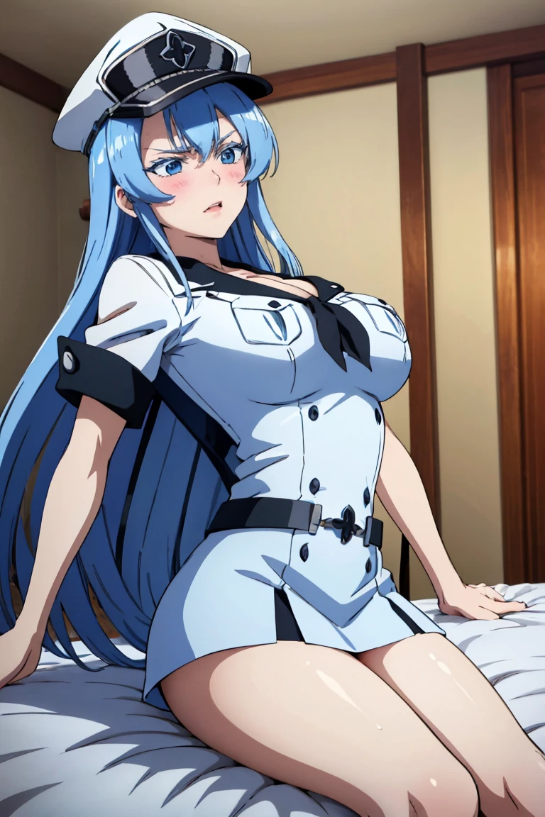 (artwork, best quality) a girl with bright blue long hair, blue eyes, blue eyelashes, white t-shirt, big breasts, black mini skirt, no panties, hairy vagina, intrusion, vein, penis, blowjob, moaning, blushing, complaining, captain's cap, legs slightly open, on a bed in a room