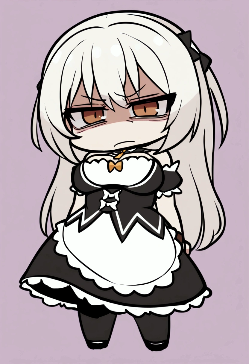 1girl with long white hair, brown eyes, maid uniform, big breasts, disgust on face, chibi style, simple background, full standing