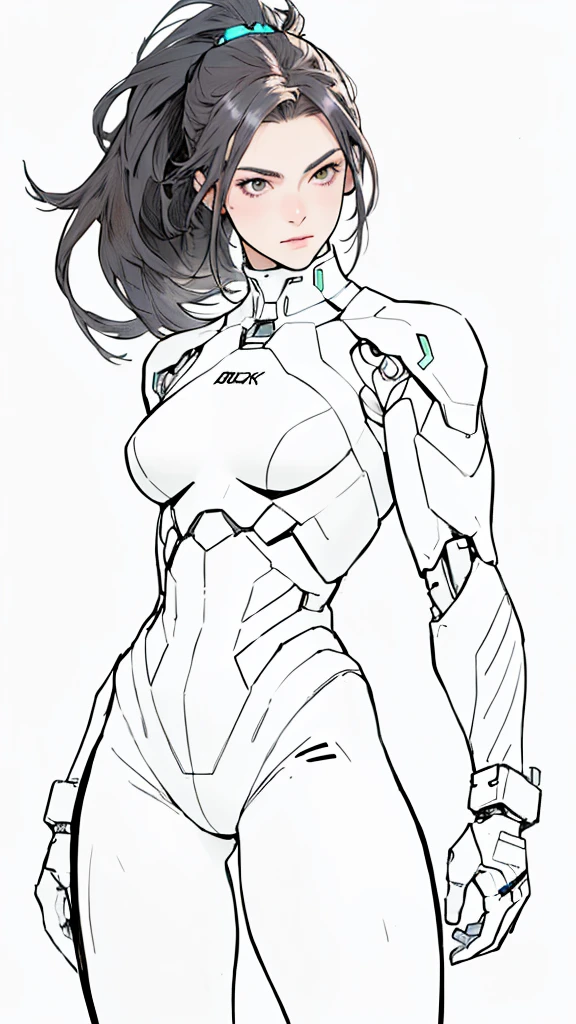 Beautiful 18yr old cybernetic girl detailed muscles realistic masterpieces full figure pose (best quality,ultra-detailed), unique red hair, fair skin, fit body, slim figure, narrow waist, (cocky expression), black carbon fiber cybernetic mobile combat suit