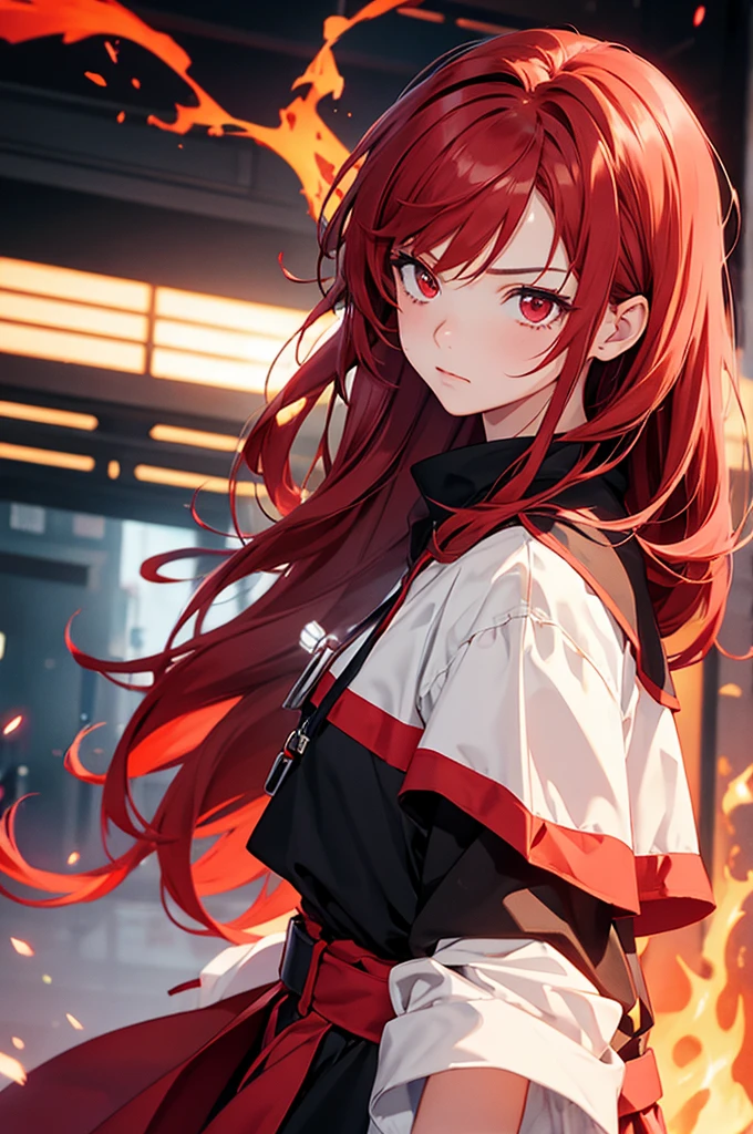 girl anime, 15 years, selfie, head-set, music, red eyes, red hair, angry, fire background