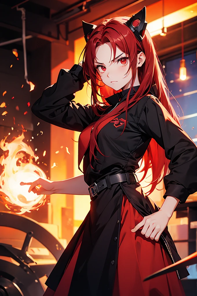 girl anime, , selfie, head-set, music, red eyes, red hair, angry, fire background