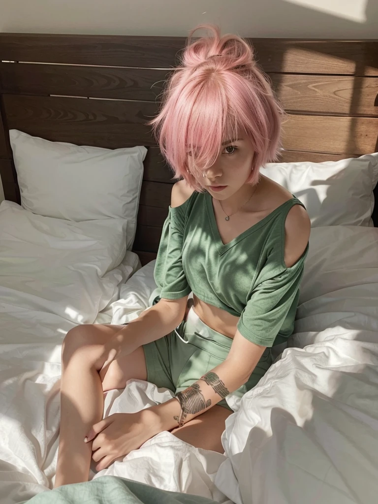 Sleeping girl, 30 years american, realistic, she is wearing short pants, she is wearing ocean light green sexzy dress, pink hair.