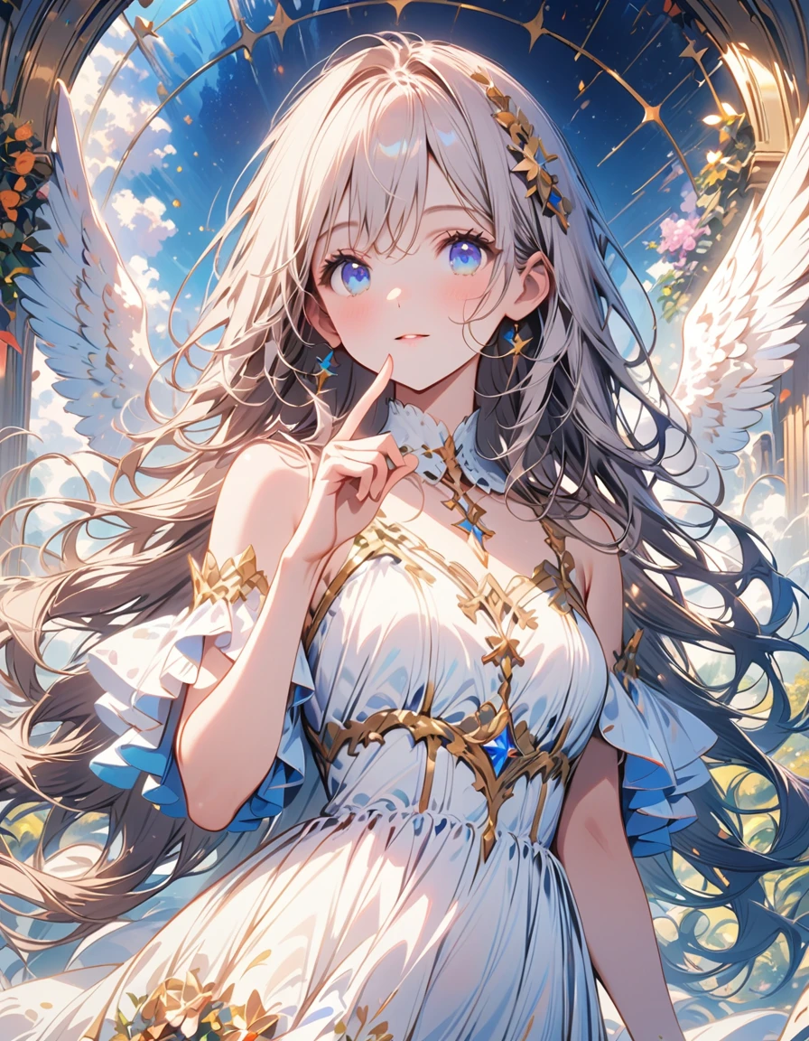 (best quality:1.2),(hands finger 5 digits:1.3),(extremely delicate and beautiful:1.3),(detailed ultra detailed:1.2),(scenery clear details:1.2),(scenery crystal clear :1.2),(solo),(blue eyes),(long white long hair),(white dress),(angel wings),(floating white feathers,starry sky),(clusters of stars,starry sky),(glinting stars),(solo),(long silver long hair),(best quality:1.2),(hands finger 5 digits:1.3),(extremely delicate and beautiful:1.3),(detailed ultra detailed:1.2),(scenery clear details:1.2),