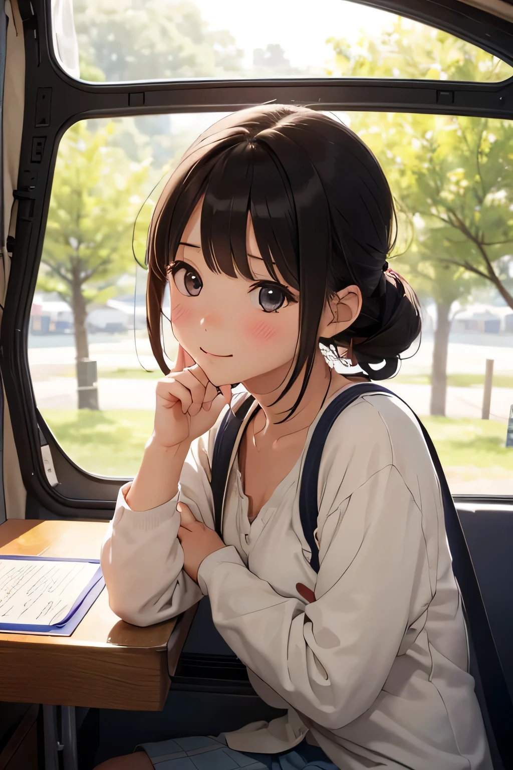 Highest quality、High resolution、Detailed Background、(Beautiful face in every detail:1.4)、Anatomically correct、(Normal number of fingers:1.2)、(Detailed facial expressions)、(Detailed eyes:1.2)、Teenage beauty、cute hair color、Braided Ponytail、Braided bob cut、A fun atmosphere、camper、Pure curiosity and the anticipation of adventure、cute gesture、

(友達とcamperでの旅行する少女たち:1.5)、

Excited faces of everyone、The fun begins、The view from the window、with everyone「beautiful!」and praise、The anticipation of adventure sparkles in the eyes of those who gaze ahead.、with everyone eating bento、Memorable taste、Have fun with the conversation、Once we arrived at the campsite we started pitching our tents.、Working together、Our hearts are in sync、Blissful time in nature、In a small adventure、Friends who share the same heart、Filled with fun and excitement、camperの旅は続く、cute