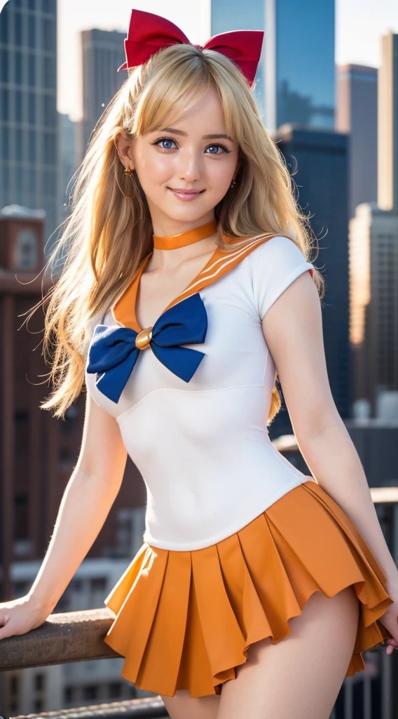 masterpiece, Highest quality, High resolution, Venus 1, One girl, alone, Sailor Warrior Uniform, Sailor Venus, aino minako, Blonde, Magical girl, blue eyes, Orange Skirt, Elbow hand pockets, tiara, Pleated skirt, Hair Ribbon, Orange sailor collar, mini skirt, choker, Red Bow, orange choker, White gloves, Very long hair,  jewelry,  Earrings, Cowboy Shot, smile,,More detailed 8K.Unreal Engine:1.4,超High resolution,La Highest quality:1.4, Realistic:1.4, Skin Texture:1.4, masterpiece:1.8,first work, Highest quality,Object Object], (Detailed facial features:1.3),(Fine hand:1.4),(Apocalyptic destroyed cityscape:1.4)