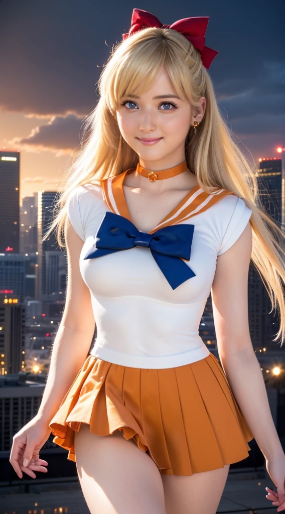 masterpiece, Highest quality, High resolution, Venus 1, One girl, alone, Sailor Warrior Uniform, Sailor Venus, aino minako, Blonde, Magical girl, blue eyes, Orange Skirt, Elbow hand pockets, tiara, Pleated skirt, Hair Ribbon, Orange sailor collar, mini skirt, choker, Red Bow, orange choker, White gloves, Very long hair,  jewelry,  Earrings, Cowboy Shot, smile,,More detailed 8K.Unreal Engine:1.4,超High resolution,La Highest quality:1.4, Realistic:1.4, Skin Texture:1.4, masterpiece:1.8,first work, Highest quality,Object Object], (Detailed facial features:1.3),(Fine hand:1.4),(Apocalyptic destroyed cityscape:1.4)