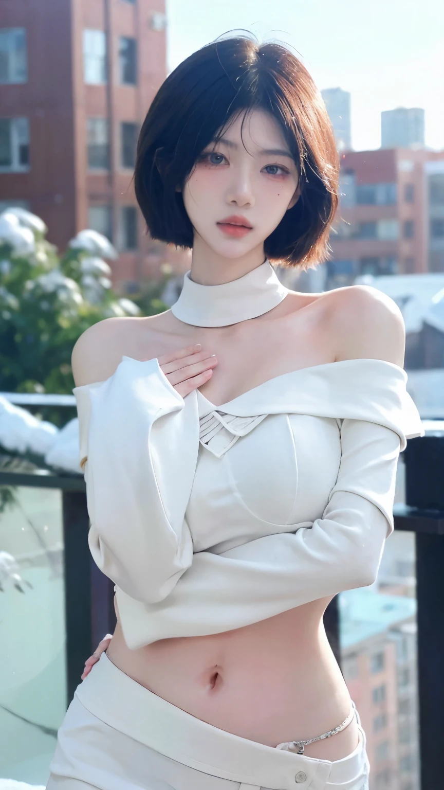 Beautiful woman with perfect figure:1.4，snow，Touching butt with both hands，snow背景，Layered Hairstyle，White skin，Prominent cleavage，Pleated Skirt，whole body，Very delicate face and skin texture，Double eyelids，Skin Whitening，Long white hair