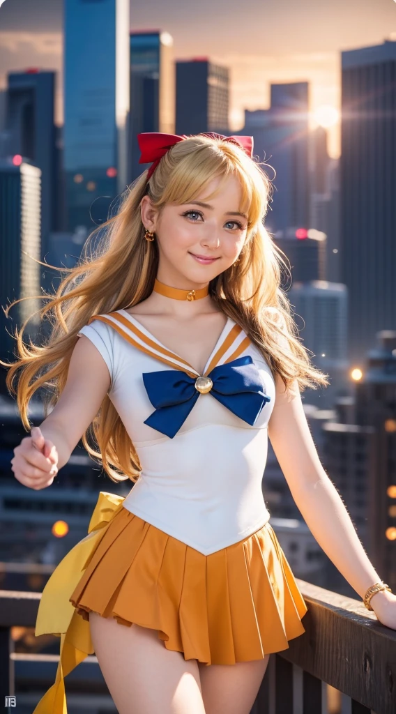 masterpiece, Highest quality, High resolution, Venus 1, One girl, alone, Sailor Warrior Uniform, Sailor Venus, aino minako, Blonde, Magical girl, blue eyes, Orange Skirt, Elbow hand pockets, tiara, Pleated skirt, Hair Ribbon, Orange sailor collar, mini skirt, choker, Red Bow, orange choker, White gloves, Very long hair,  jewelry,  Earrings, Cowboy Shot, smile,,More detailed 8K.Unreal Engine:1.4,超High resolution,La Highest quality:1.4, Realistic:1.4, Skin Texture:1.4, masterpiece:1.8,first work, Highest quality,Object Object], (Detailed facial features:1.3),(Fine hand:1.4),(Apocalyptic destroyed cityscape:1.4)