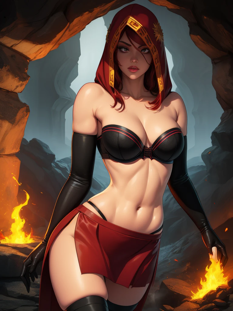 Dsorceress, redhair, shadowy face,dark cave, fire, hood, shadowed face, strapless bra, slim and athletic body, miniskirt, no panty, elbow gloves, dark skin, 1 girl (insanely detailed, masterpiece, best quality)
