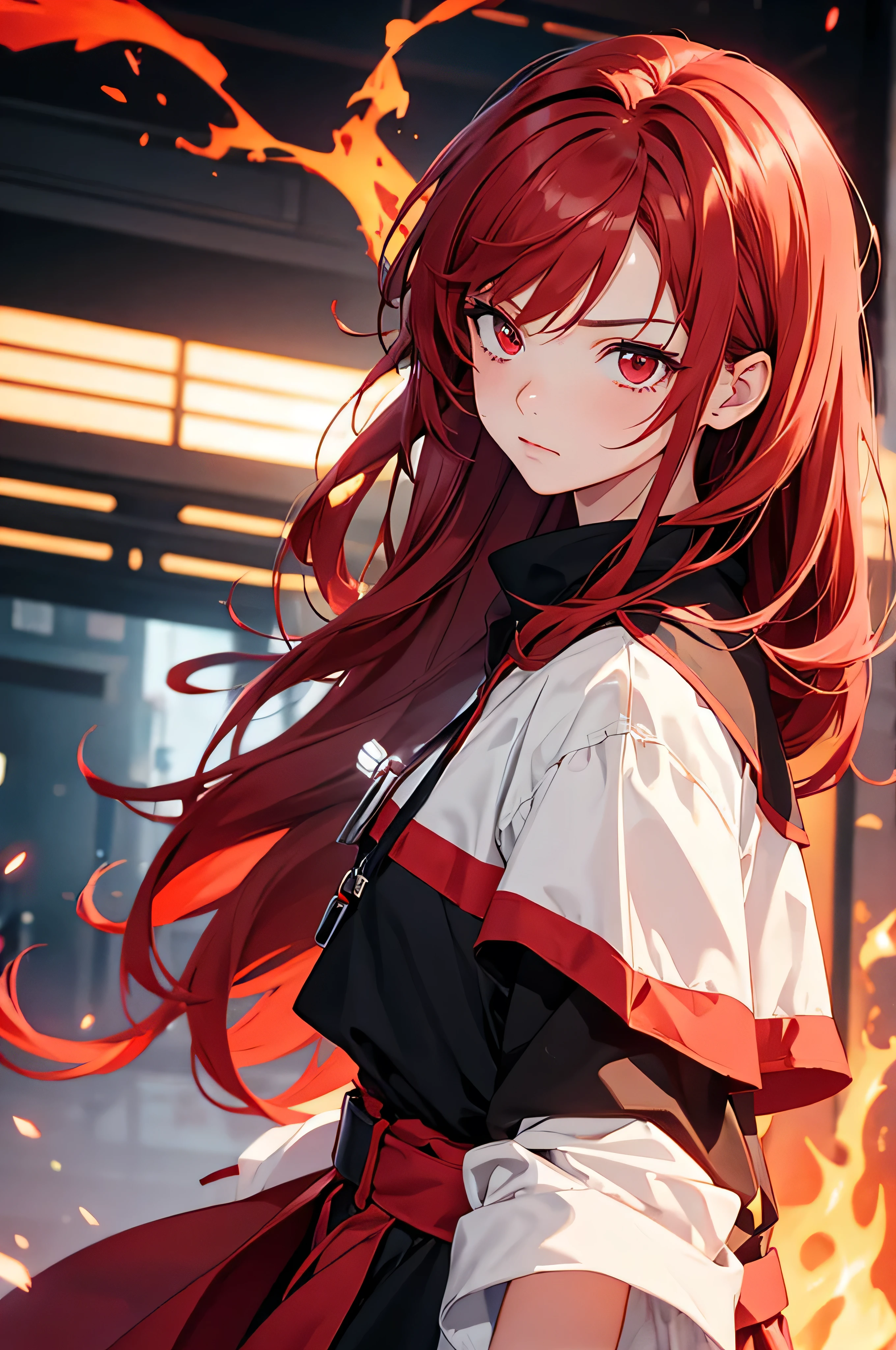 girl anime, 15 years, selfie, head-set, music, red eyes, red hair, angry, fire background