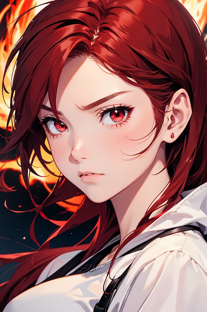 girl anime, 15 years, selfie, head-set, music, red eyes, red hair, angry, fire background