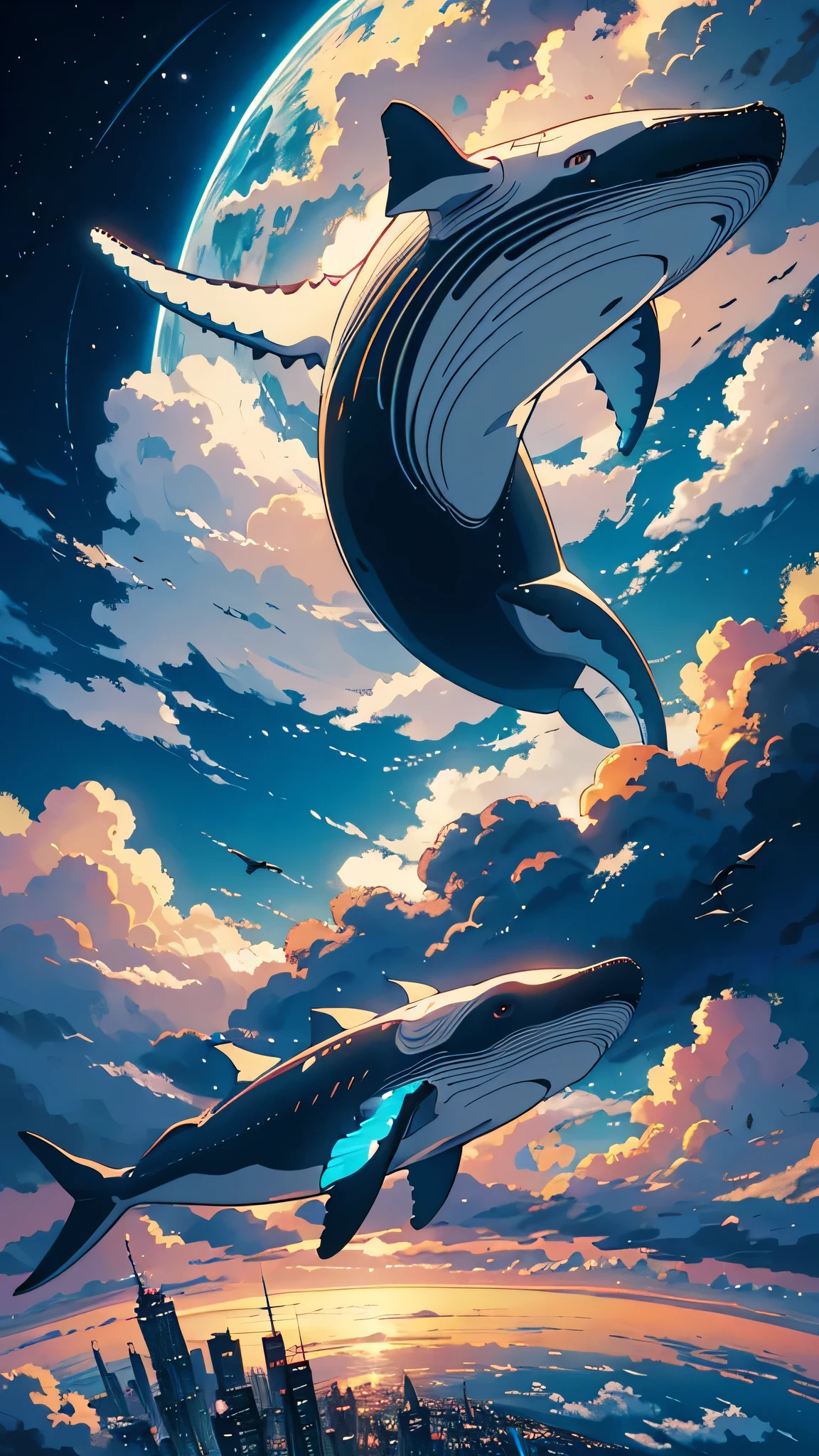 From above, People on the ground looking up々Animation art of a gigantic whale floating in the sky above the ocean, (A fantasy city on the back of a whale in the sky), Makoto Shinkai Cyril Rolland, Anime Epic Artwork, Flying Whale, Cyborg Whale, Wallpaper Anime Blue Water, 4K Manga Wallpapers, anime art wallpaper 4k, anime art wallpaper 4k, Highly detailed digital art in 4K, Anime fantasy artwork, shinkai makoto