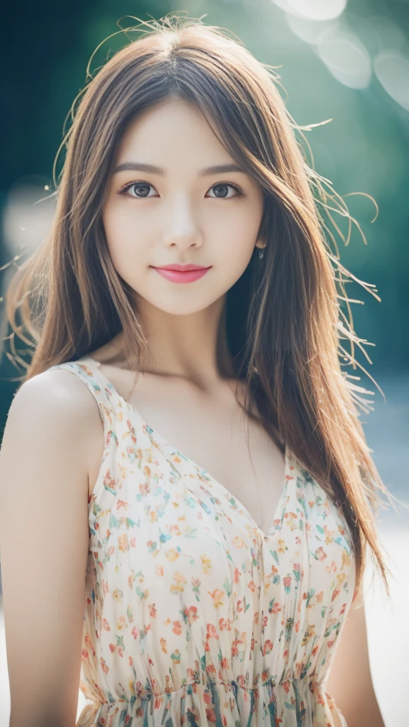 beautiful young woman with natural makeup, glowing skin, and glossy lips wearing a chic and stylish dress, looking thoughtfully away with large, expressive eyes, medium-length hair, and a slight smile, in a blurred, colorful background with natural lighting and depth of field

(8k, RAW, photorealistic:1.25), (glossy lips, luminous skin, highest quality, ultra-high resolution, no chromatic aberration, caustics, wide light, natural shadows), (depth of field:1.6), (blurred, colorful background lighting:1.2), natural makeup, overcast lighting, large eyes, downcast eyes, distant gaze, chic and stylish dress, model-like pose, radiant city, medium-length hair, slight smile, surprise