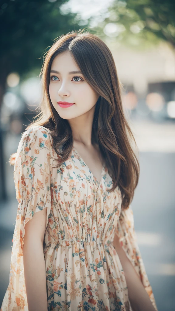 beautiful young woman with natural makeup, glowing skin, and glossy lips wearing a chic and stylish dress, looking thoughtfully away with large, expressive eyes, medium-length hair, and a slight smile, in a blurred, colorful background with natural lighting and depth of field
(8k, RAW, photorealistic:1.25), (glossy lips, luminous skin, highest quality, ultra-high resolution, no chromatic aberration, caustics, wide light, natural shadows), (depth of field:1.6), (blurred, colorful background lighting:1.2), natural makeup, overcast lighting, large eyes, downcast eyes, distant gaze, chic and stylish dress, model-like pose, radiant city, medium-length hair, slight smile, surprise