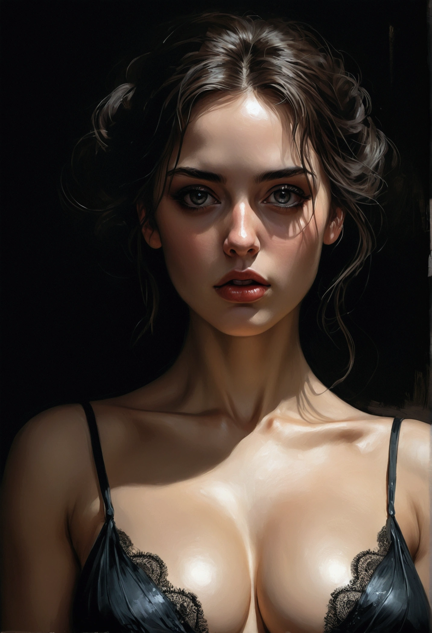 masterpiece, best quality, illustration, very detailed, in detail, highest resolution, 8K wallpapers, Complete dynamic configuration, beautiful detailed eyes , open mouse, sexy face,face feeling ???????,A face at peak sexual excitement, looking at viewer, ((dark background)), In the style of Mark Demsteader, big bust, exposed cleavage,