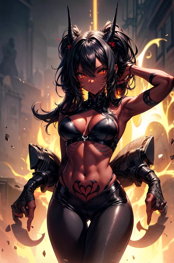 masterpiece, super detailed, high resolution, precision art, highly seductive anime girl. sexy and alluring, flawless dark red demonic skin, succubus, symmetrical face, beautiful olive eyes, flowing black hair, her very presence oozes seduction and allure, S-shaped body, black onyx colored horns jutting out her forehead, heart shaped tail protruding from her back, sexy and arousing slender and thin yet chiseled with enticing breasts, intricate and beautiful heart shaped tattoo engraved on her stomach, wearing spaghetti strap crop-top and form-fitting leggings that accentuate her round ass, hip-level shot