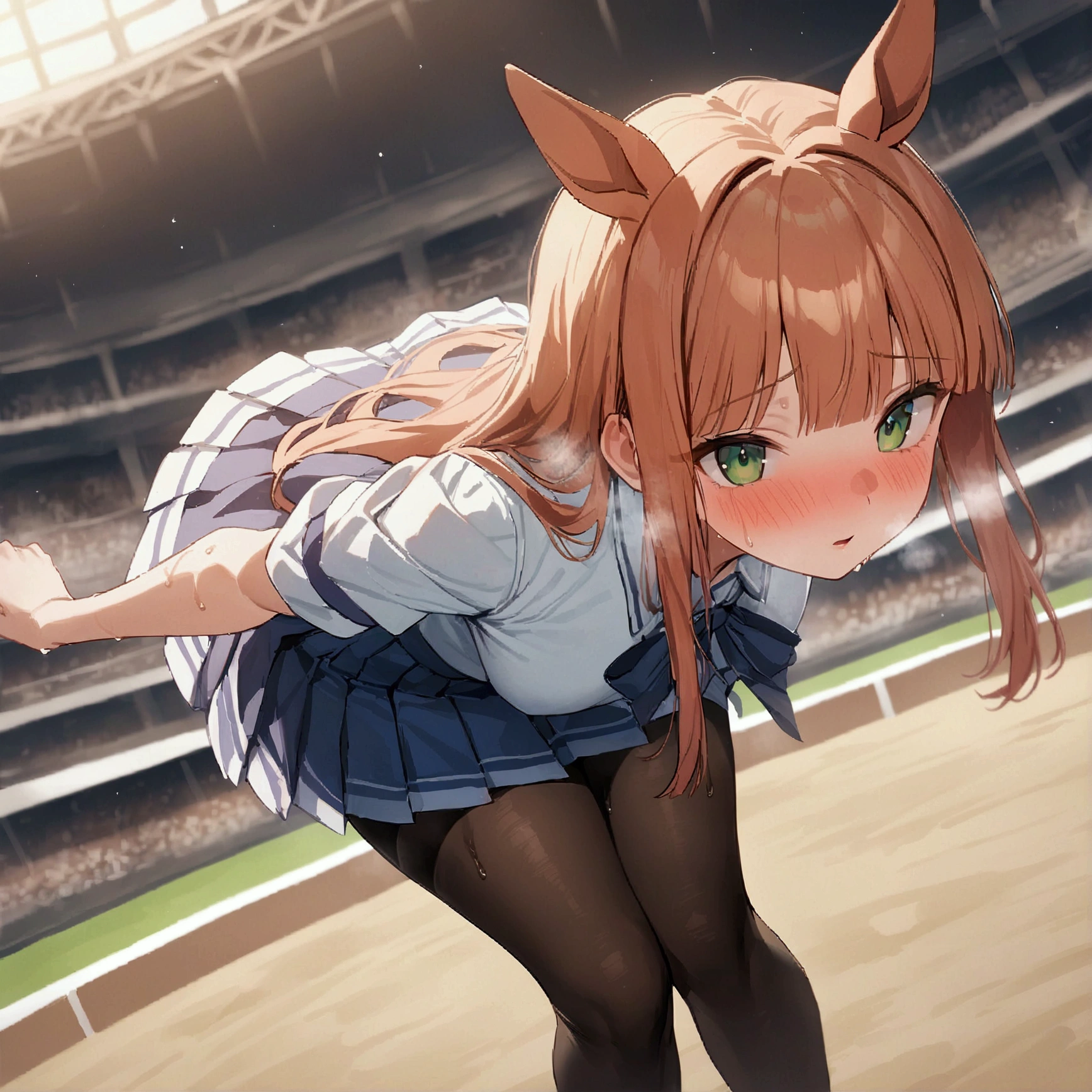 Silence Suzuka、Horse Girl、Best image quality、High resolution、masterpiece、super high quality、Arena、Run、颯爽とRun、Sweaty、Very short pleated skirt、Heavy breathing、blush、4k quality、Black Pantyhose、Voluptuous thighs