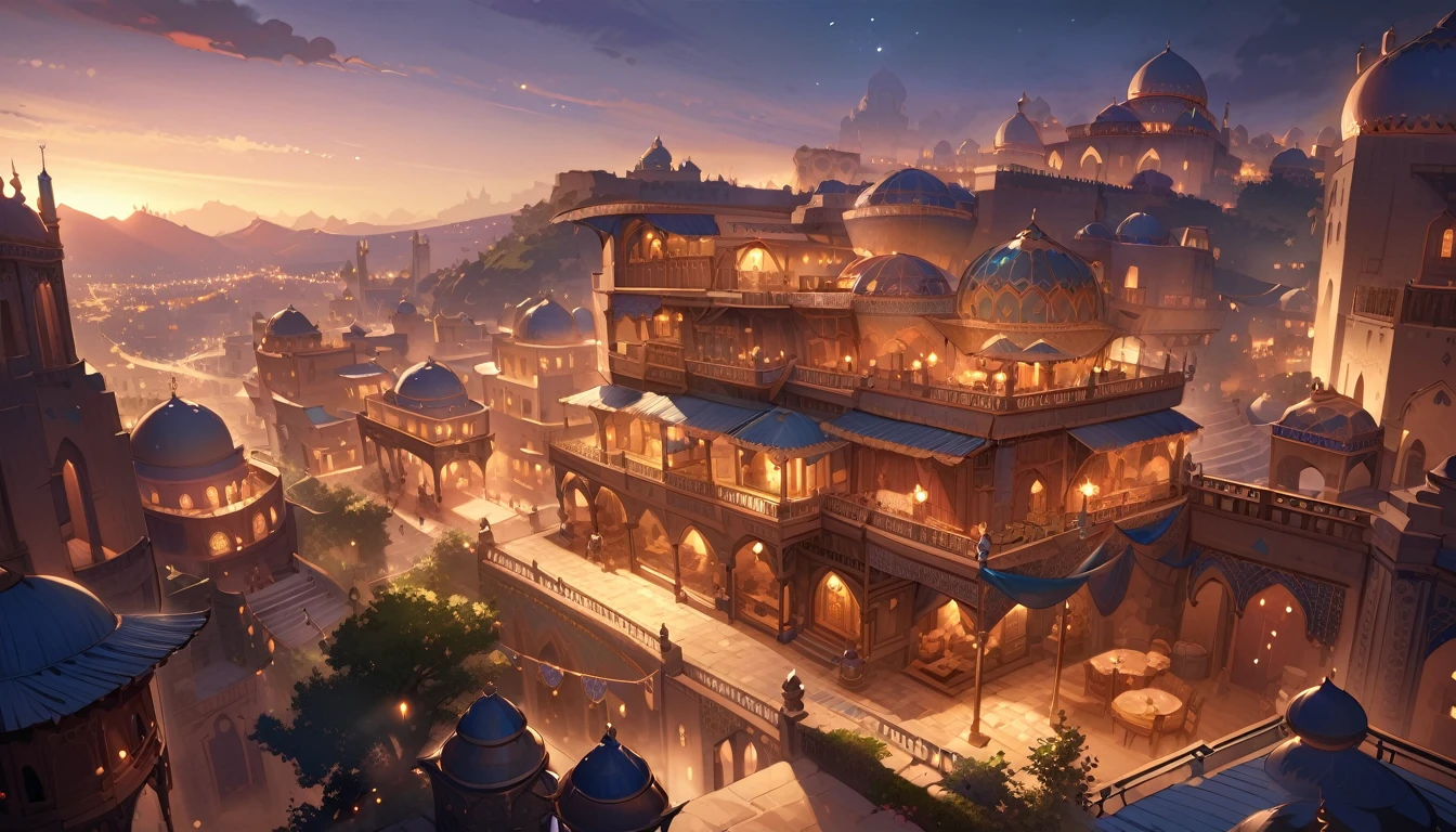 Highest quality,masterpiece,Arabian style town,landscape,There are no humans,Fantasy,Charming streetscape,Concept Art,Fantasy,night,Mysterious Light