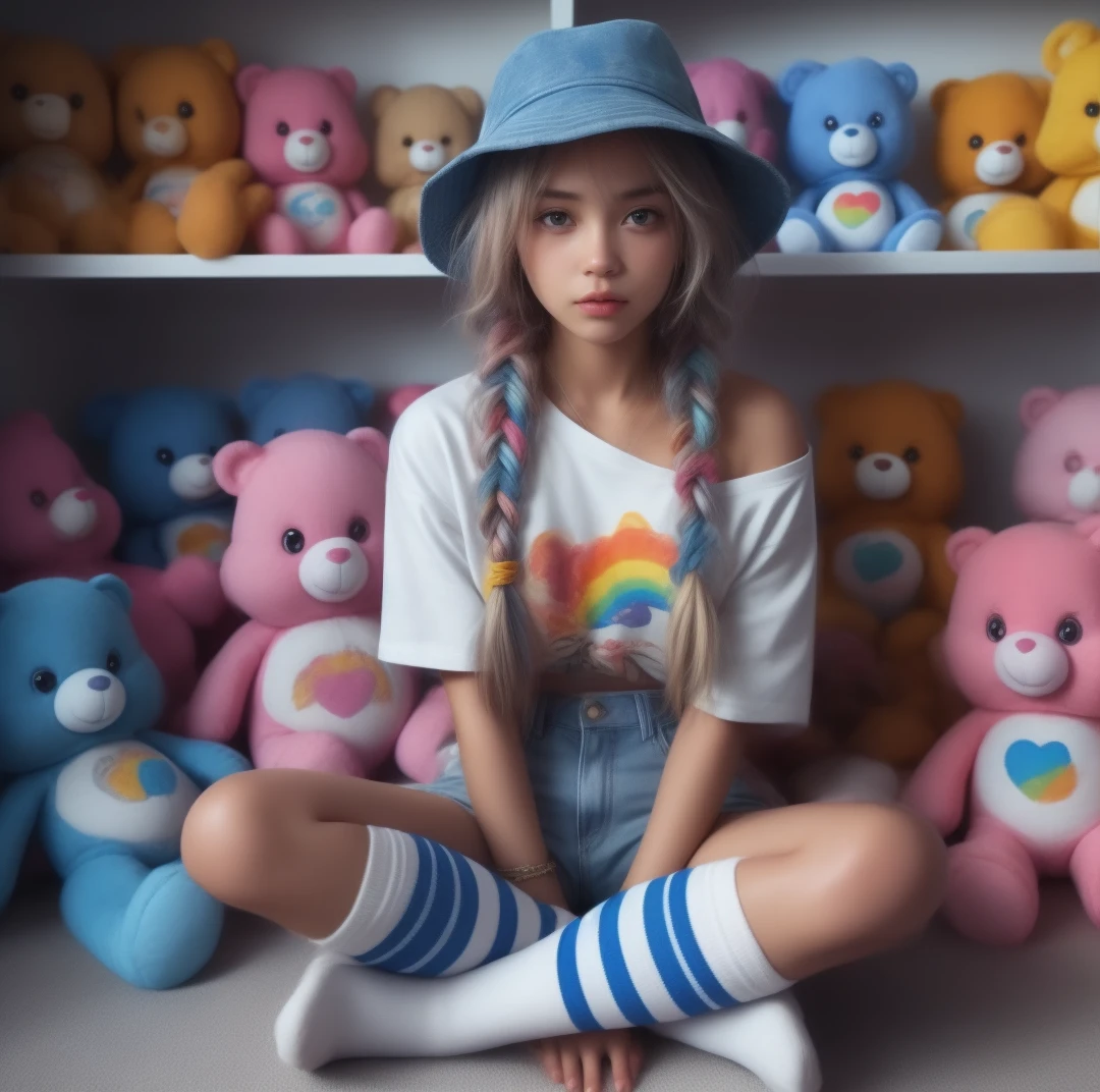 hyper realistic female, multi-colored braids, blue bucket hat, white graphic baby tee, distressed jean shorts, striped knee high blue and white socks, sitting by a shelf of care bear stuffies, holding a care bear