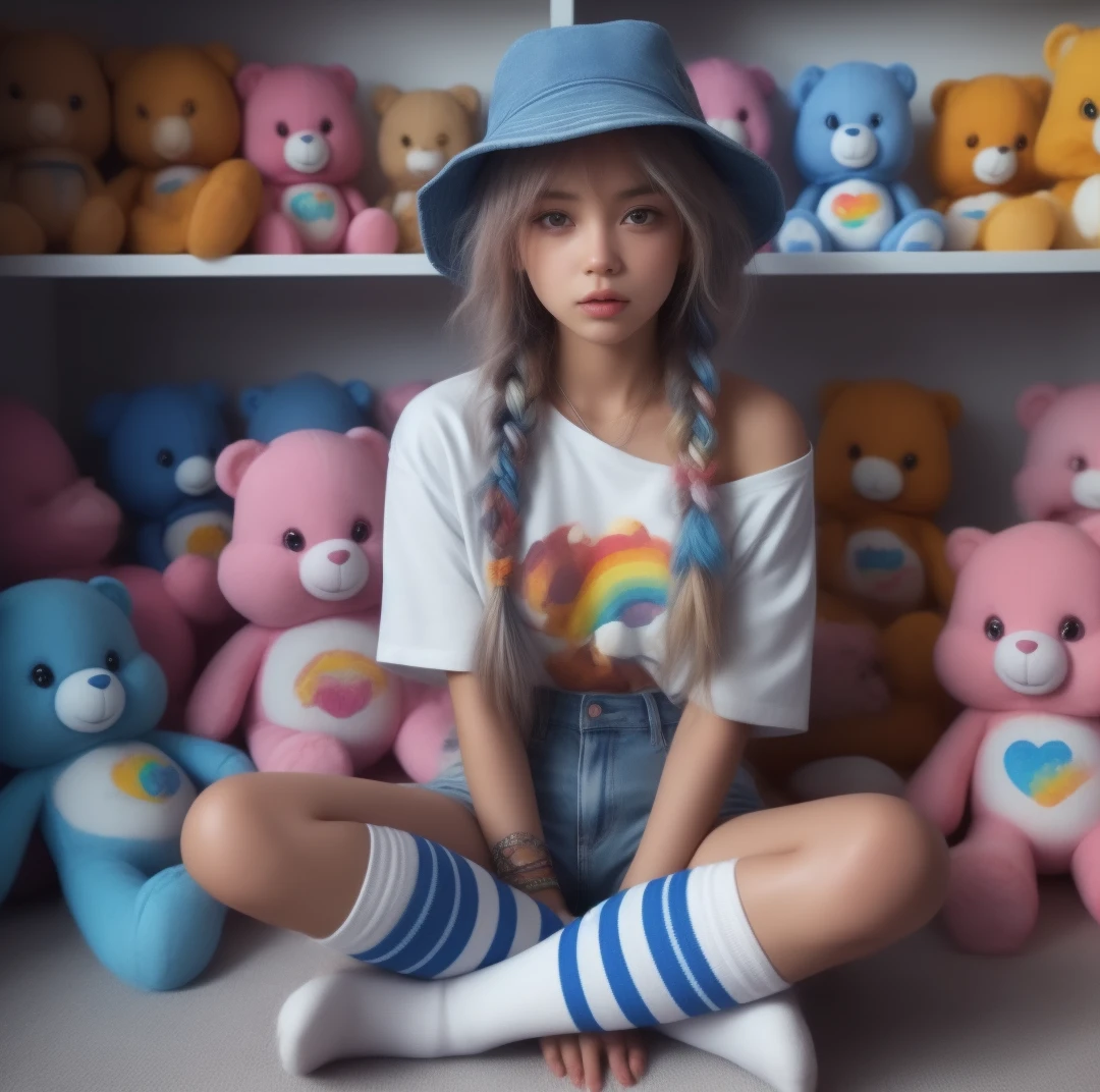 hyper realistic female, multi-colored braids, blue bucket hat, white graphic  tee, distressed jean shorts, striped knee high blue and white socks, sitting by a shelf of care bear stuffies, holding a care bear