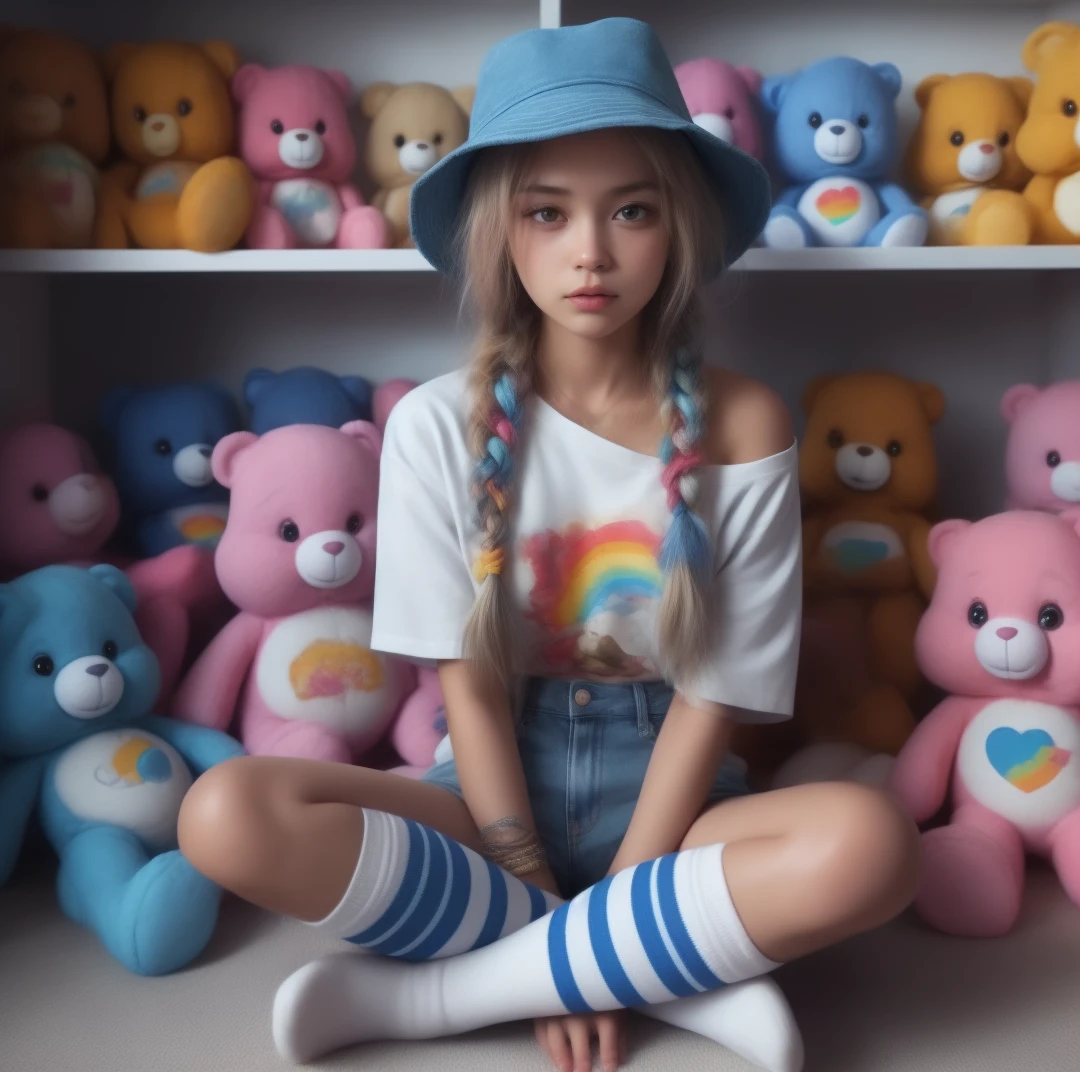 hyper realistic female, multi-colored braids, blue bucket hat, white graphic  tee, distressed jean shorts, striped knee high blue and white socks, sitting by a shelf of care bear stuffies, holding a care bear