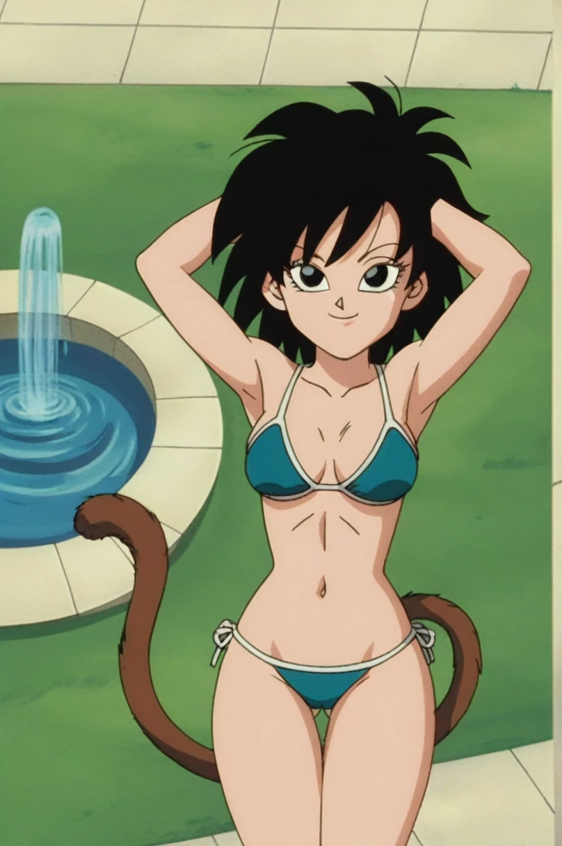 fountain_cheered up, score_9,score_8_above, score_7_above, gineDb, cheered up screencap,
1 girl, Alone, old, looking at the viewer, SMILE, short hair, Detailed nose, medium old, Closed mouth, aboveper body, retro artStyle, 1990s \(Style\), bottom, black eyes, hands above, eyelashes, hands above, half closed eyes, happy, spiky hair, Eyebrows, v-shaped Eyebrows, medium tits, medium ass, sexy, tits, Wide hips, sexy bikini, vagina, whole body, monkey's tail, pechos medianos